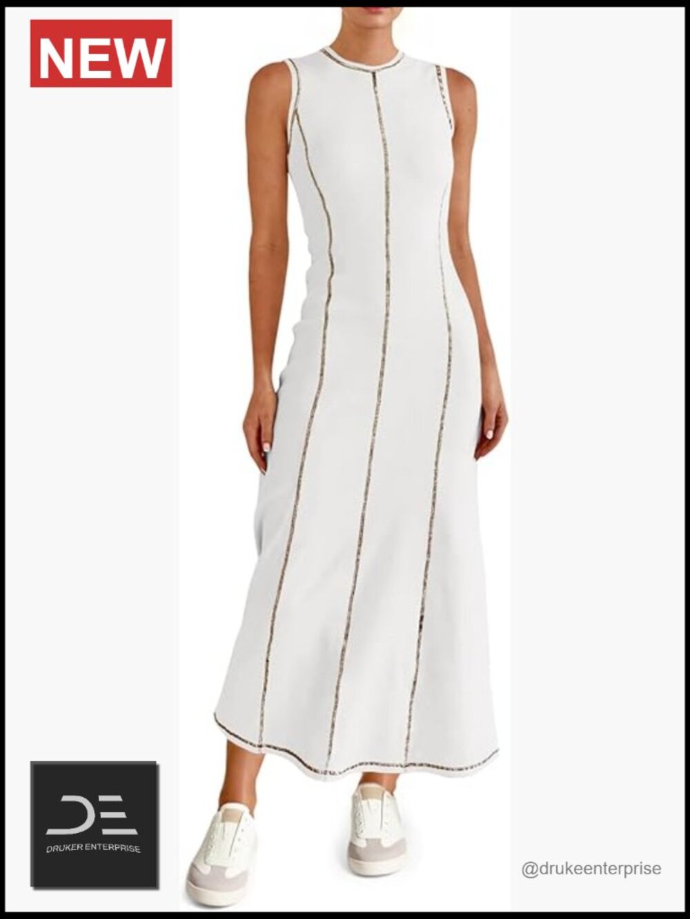 Sleeveless Ribbed Knit Maxi Dress Crew Neck Contrast Stitching Fit & Flare